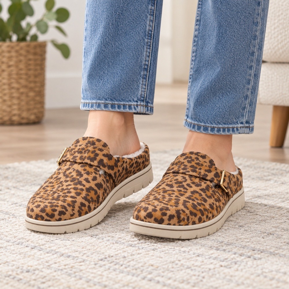 Cliffs by White Mountain Homey Leopard Faux Fur Mules C32415 Brown 10M